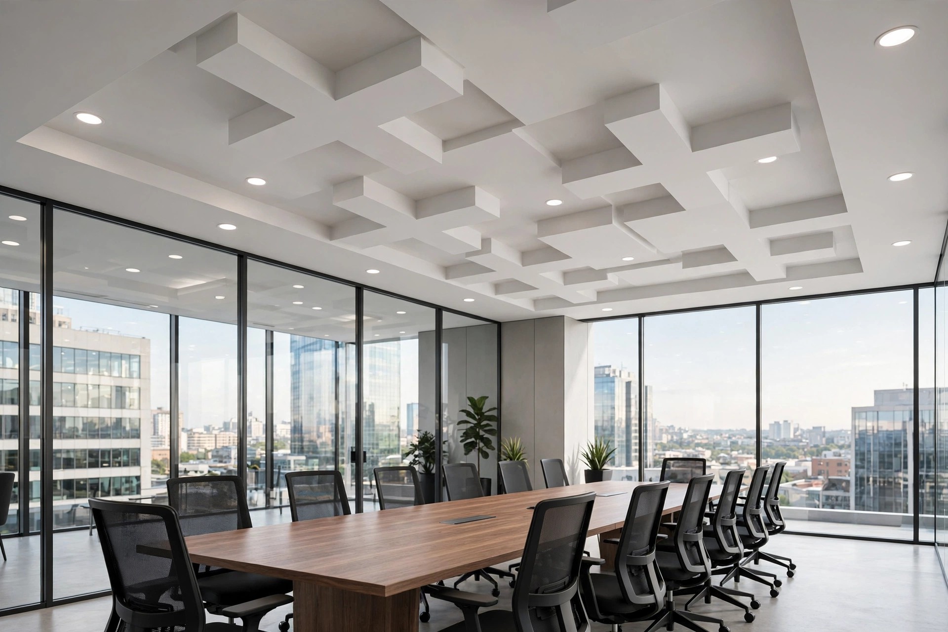 Meeting room with a plus-minus POP ceiling, recessed downlights and a long conference table