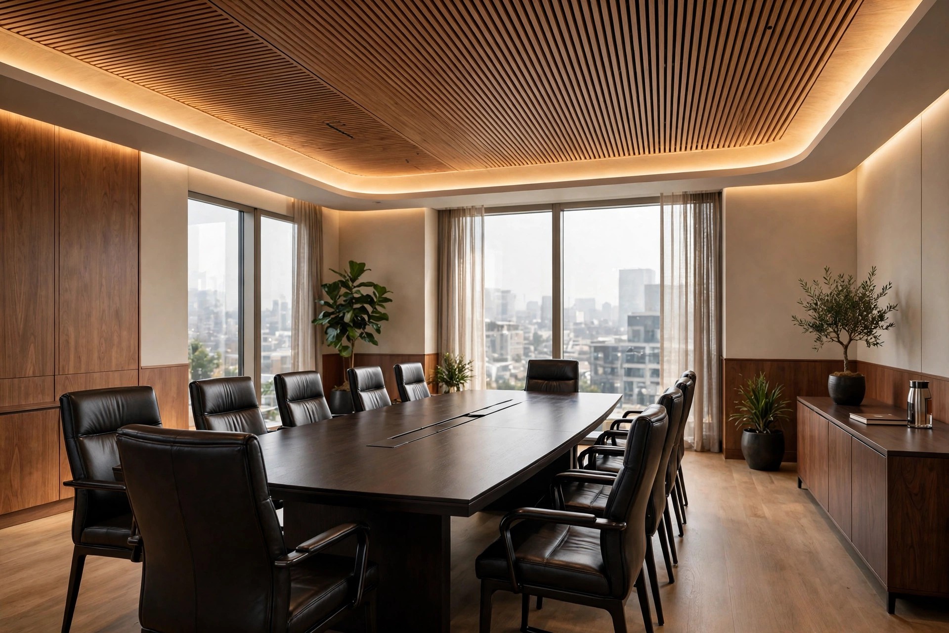 Executive boardroom with wood-finish acoustic ceiling panels and soft perimeter lighting