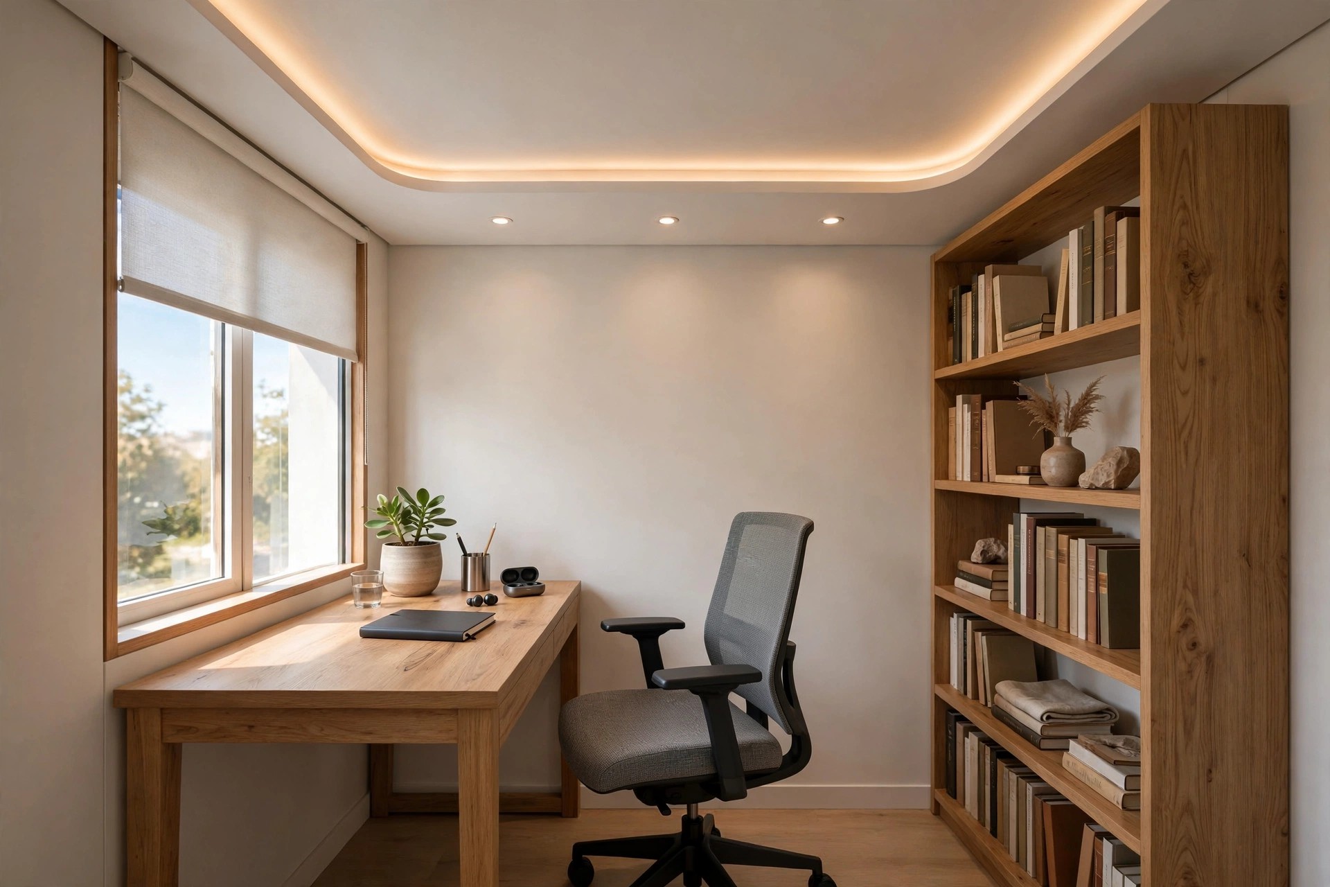 Small private office cabin with a flat ceiling, single cove border and three recessed downlights