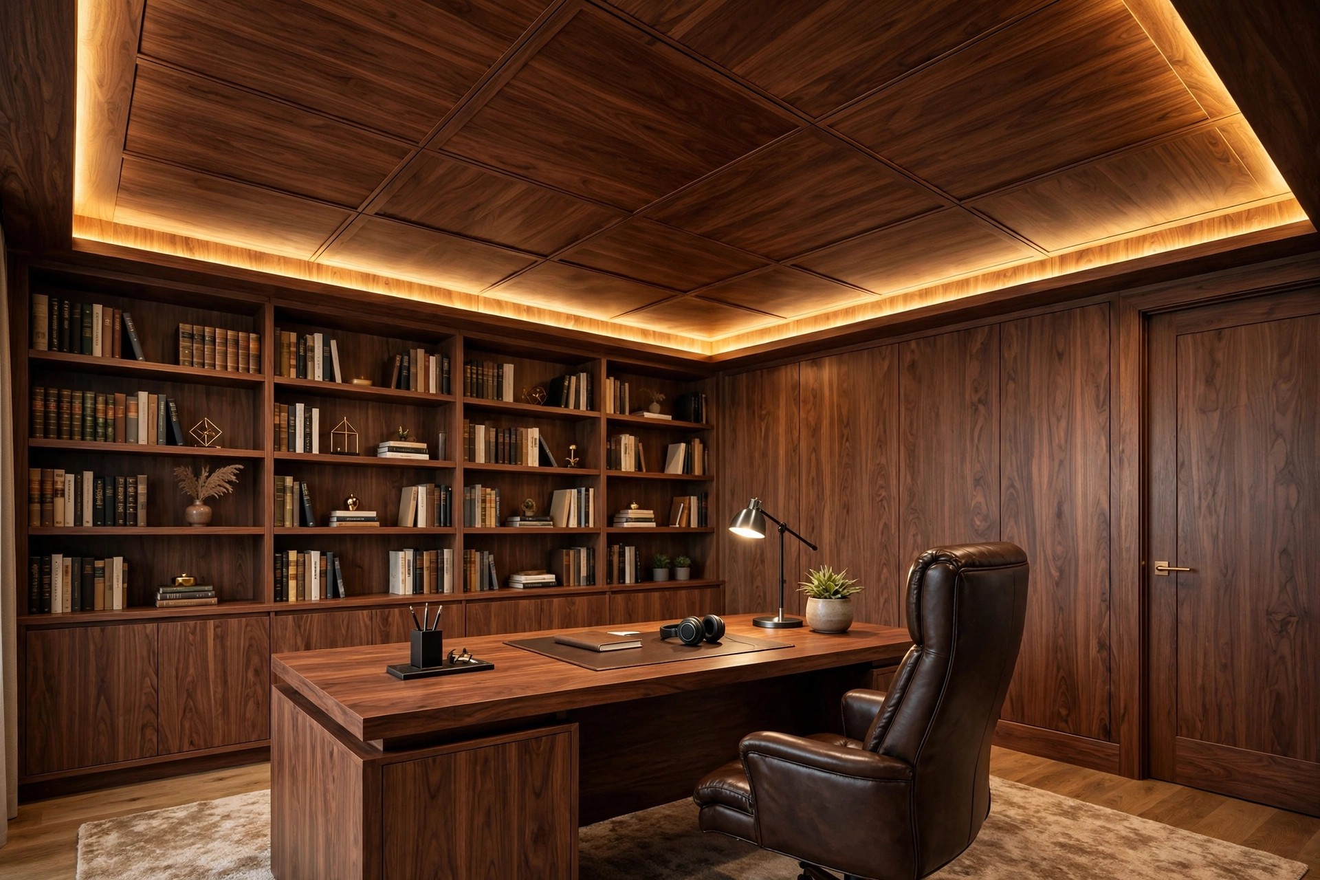 Executive cabin with a wood-finish POP ceiling, warm cove border and a large desk