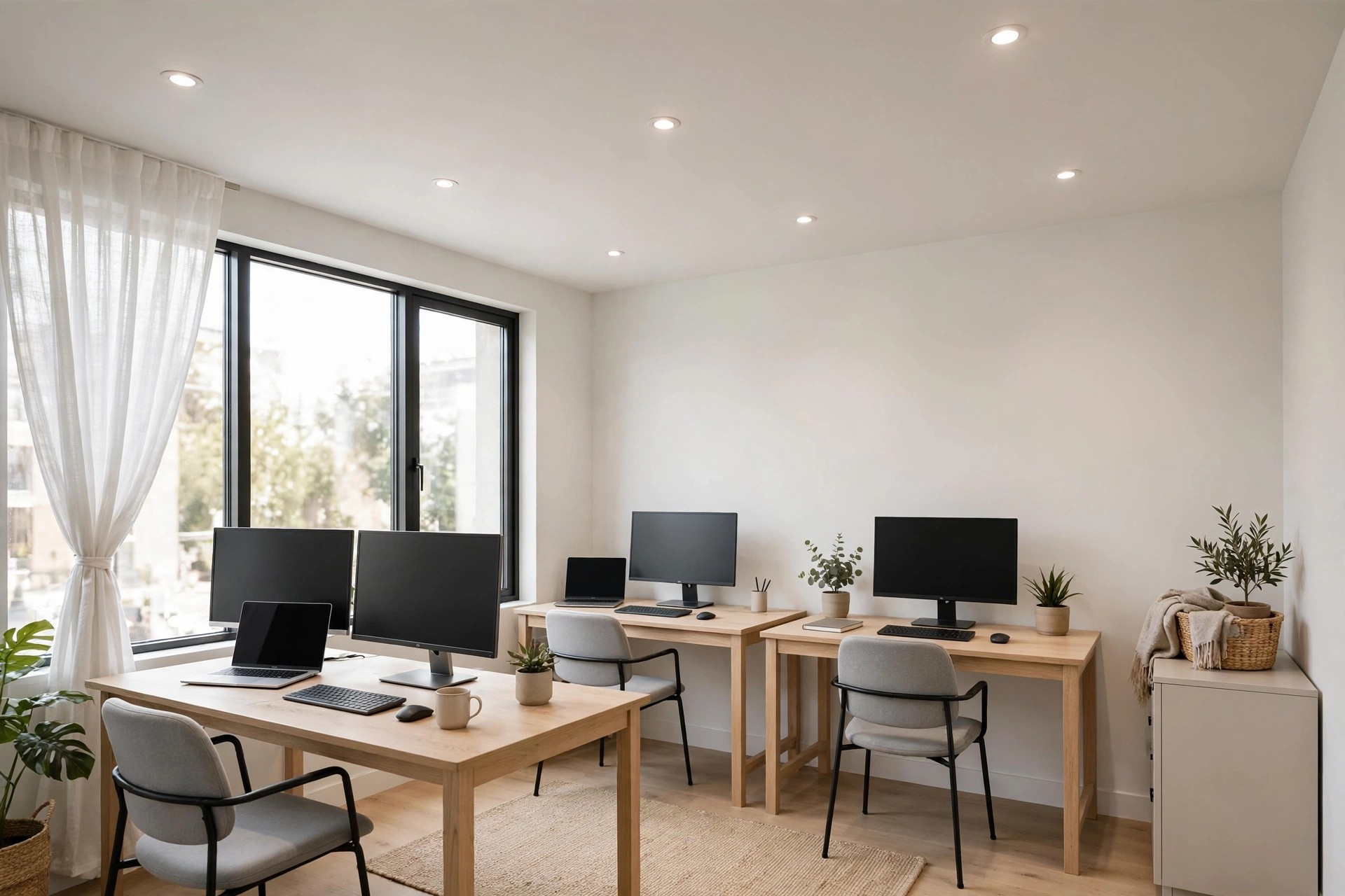 Compact office under 250 square feet with a flat light-coloured ceiling and recessed downlights