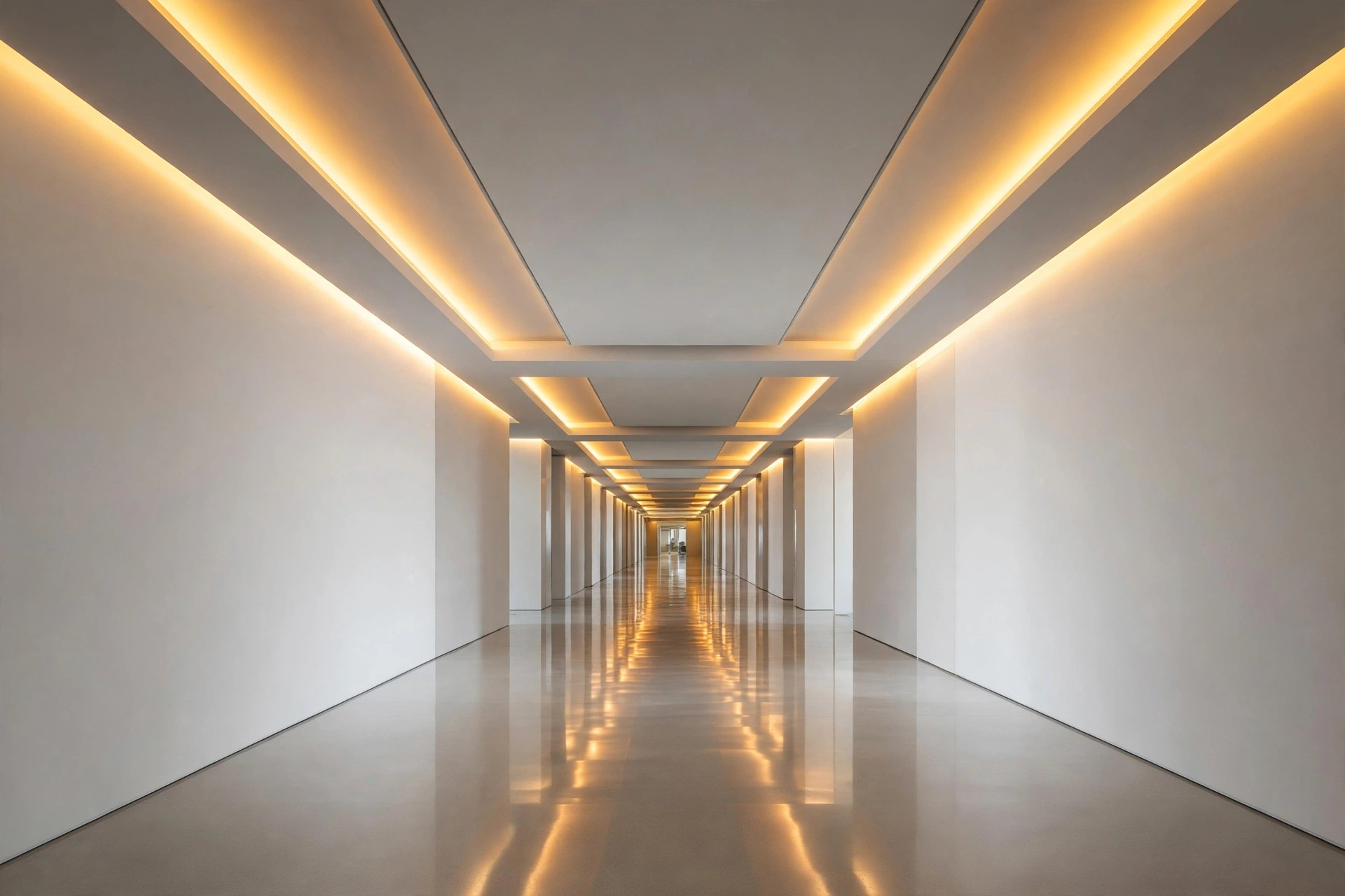 Office corridor with a linear cove ceiling and LED strips running the length of the passage