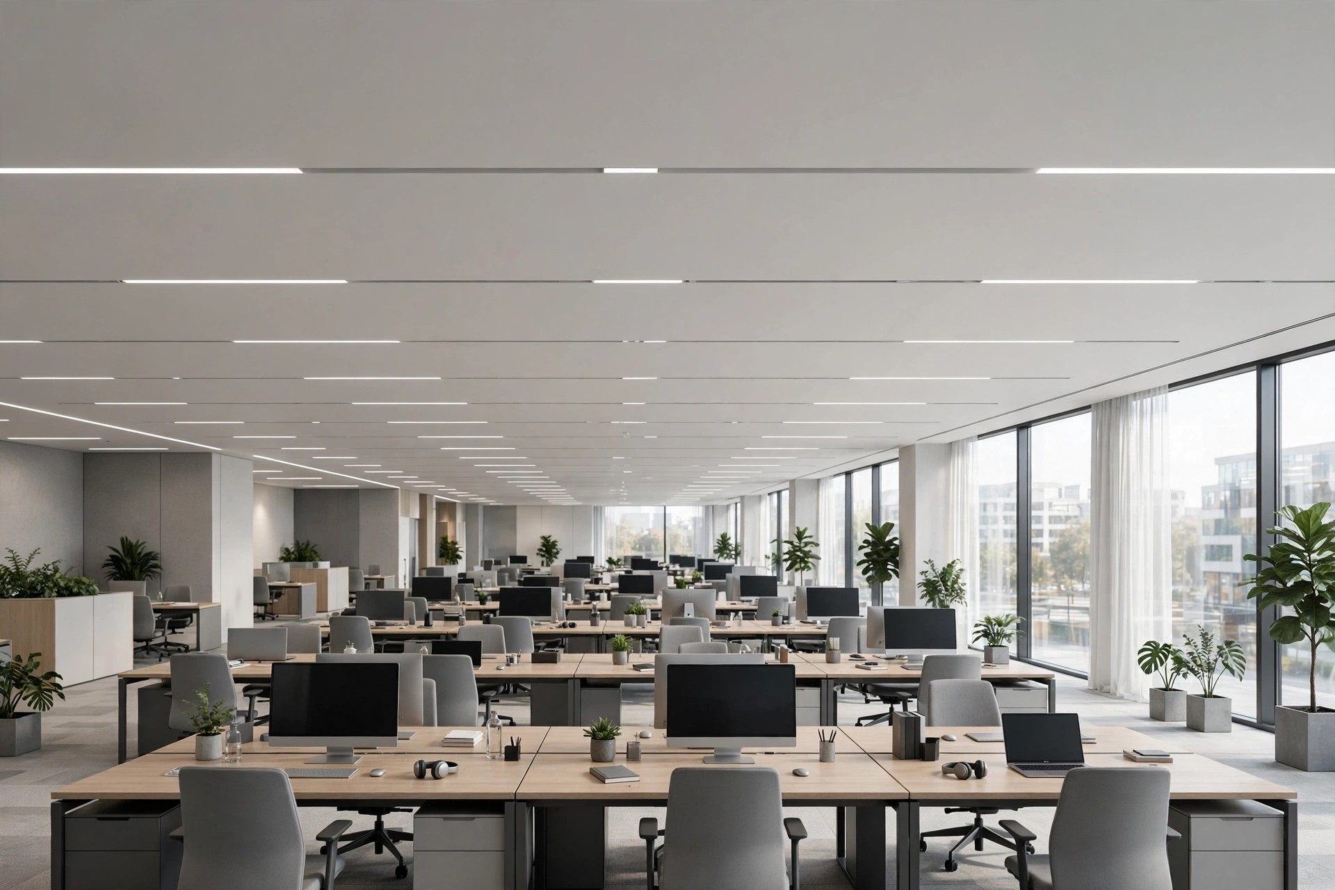 Large open office floor with a seamless flat gypsum ceiling and slim linear LED profiles