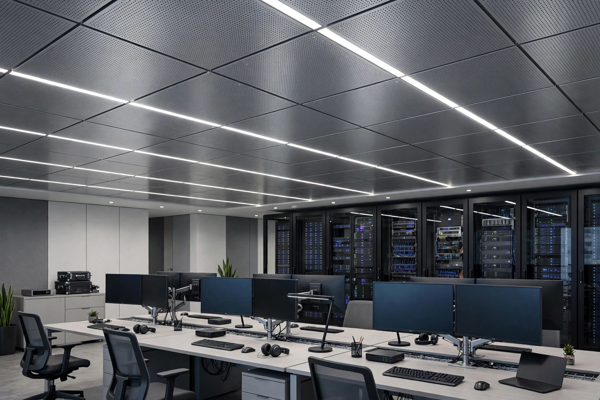 IT office with a clip-in metal tile ceiling, microperforations and integrated linear lights