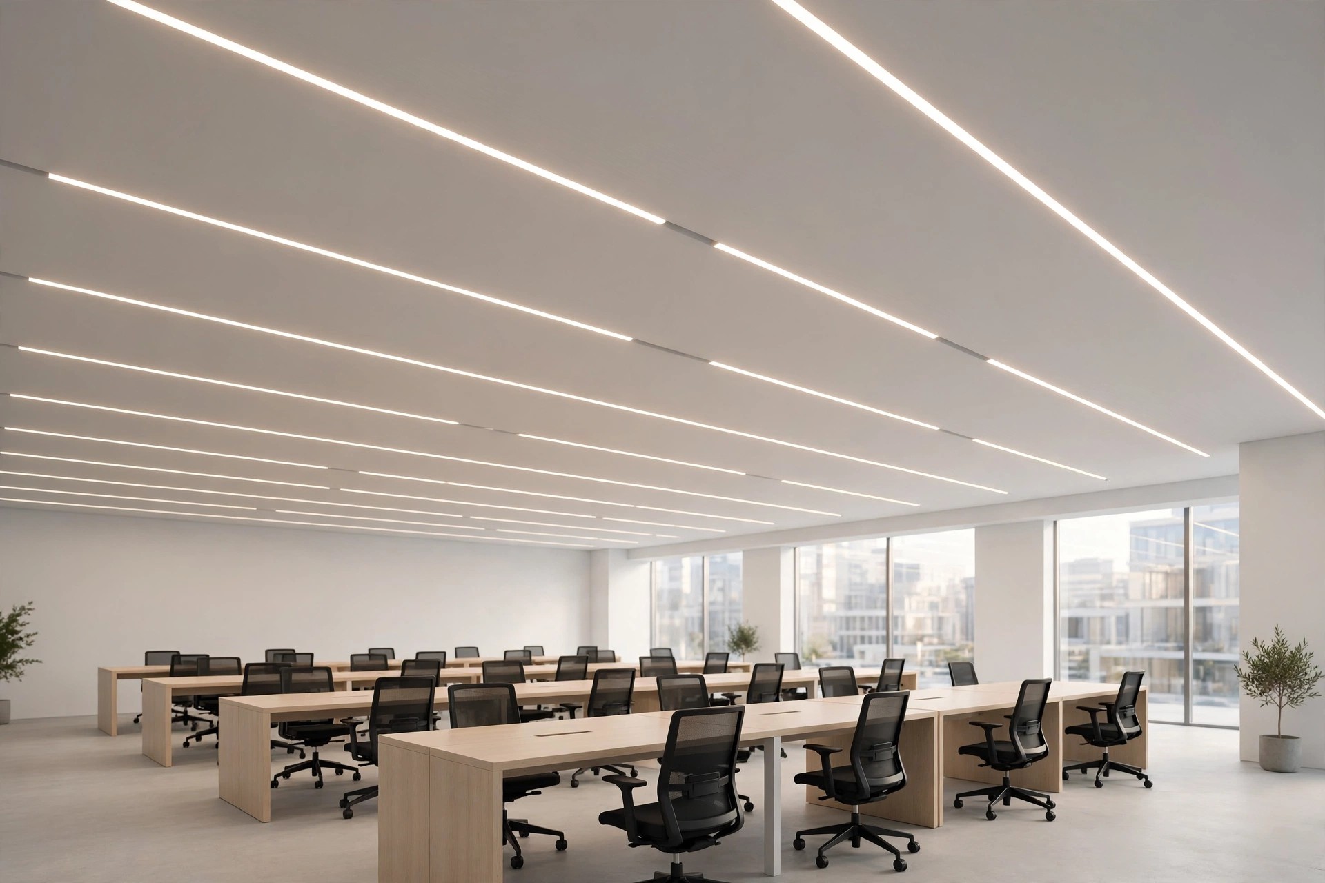 Gypsum office ceiling with slim recessed linear LED profiles running parallel to the desks