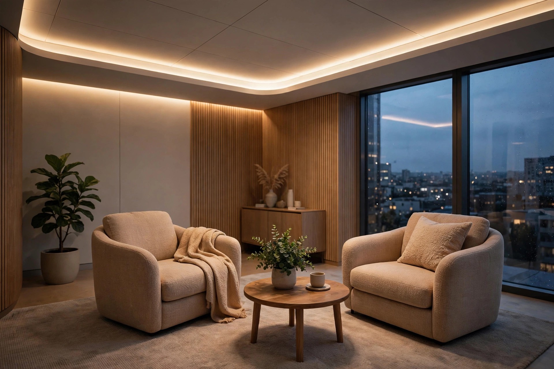 Warm white cove lighting glowing from a recessed border in an office lounge area