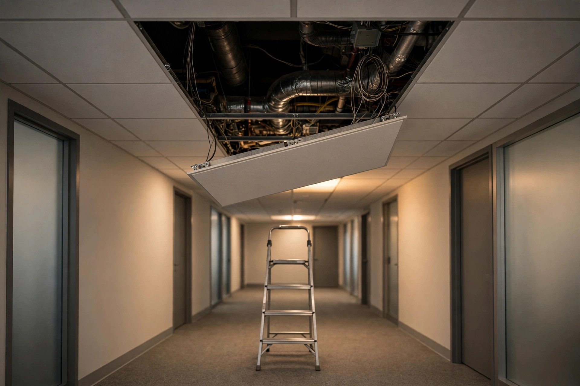 A lifted ceiling tile revealing wiring and ducts above, with a technician's step ladder below