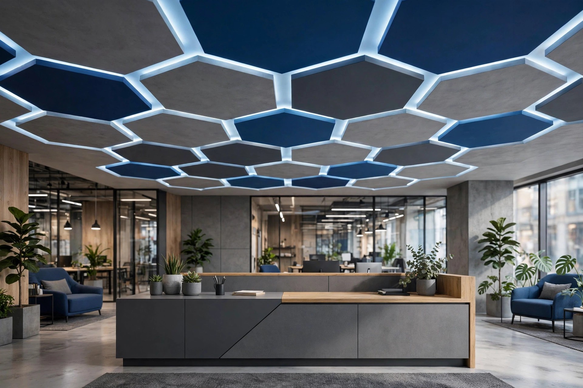 Reception ceiling with branded geometric POP modules in company colours and hidden lighting