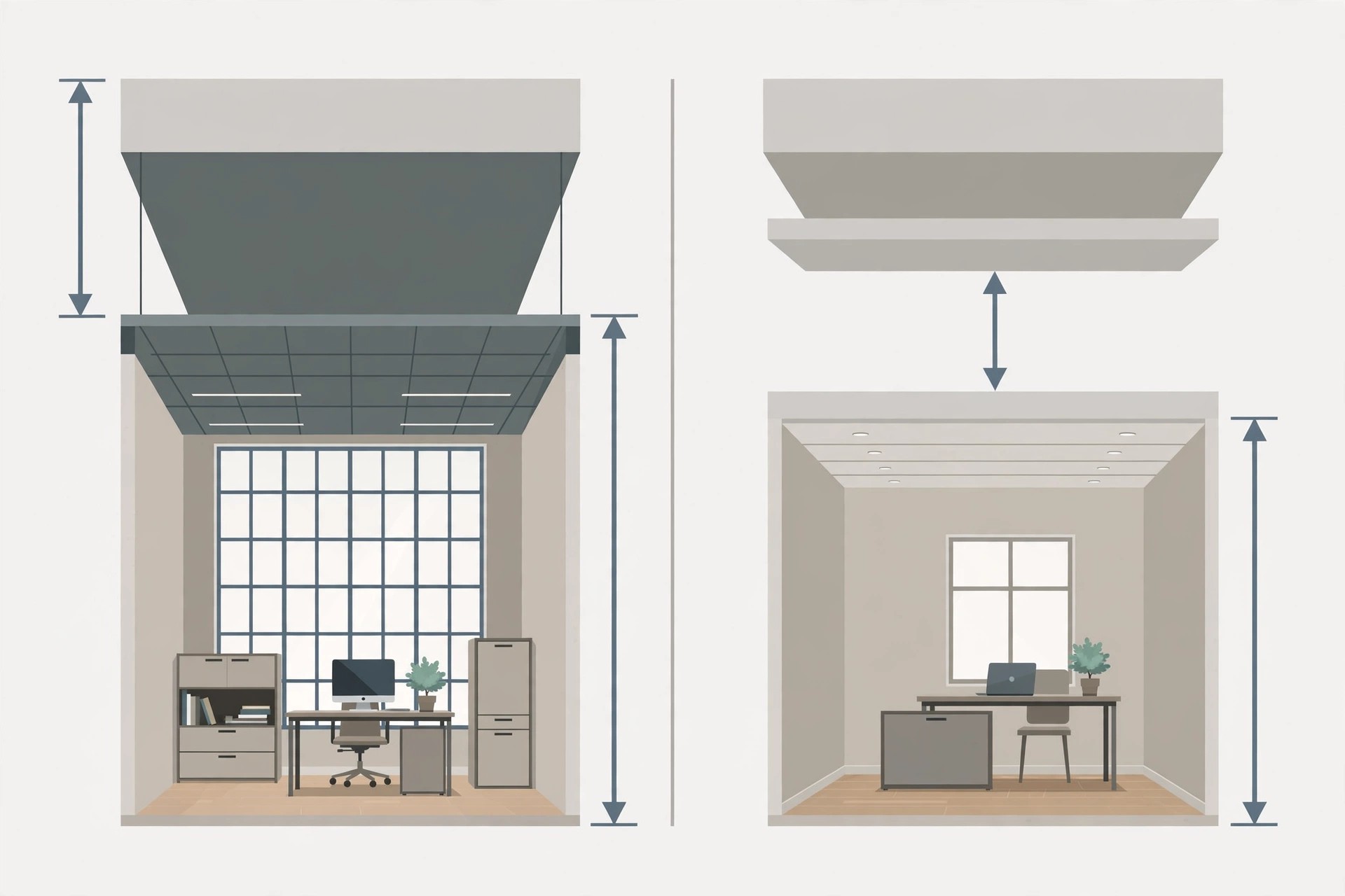 Diagram comparing a 10-foot slab with a full dropped ceiling against a 9-foot slab with a slim 6 to 8 inch drop