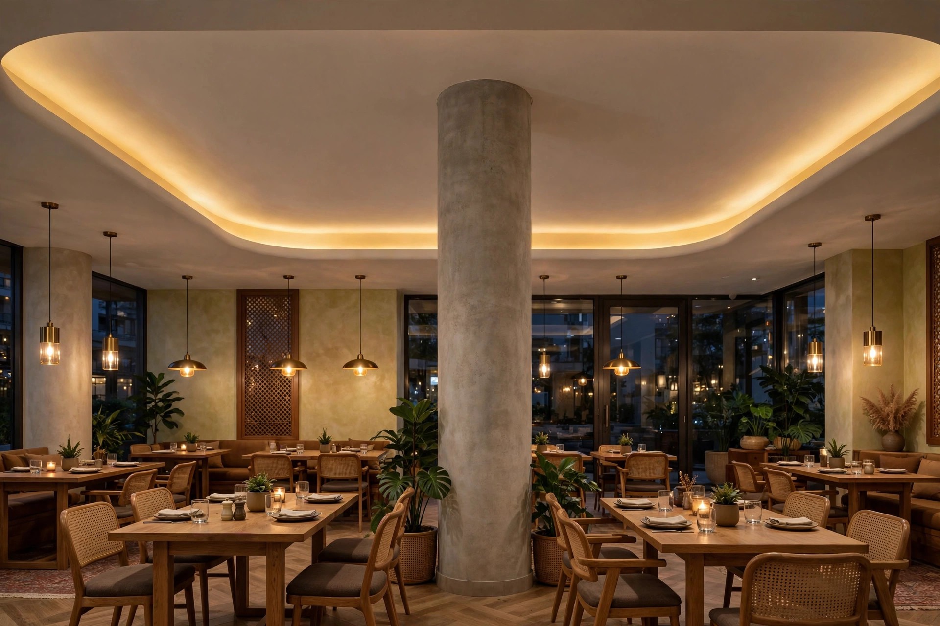 Warm cove-lit false ceiling over a restaurant dining area with pendant lights above tables