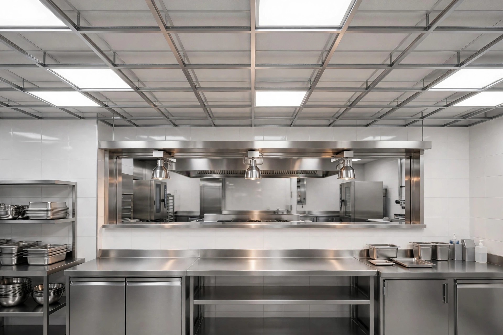 Wipeable mineral fibre grid ceiling in a restaurant kitchen pass area
