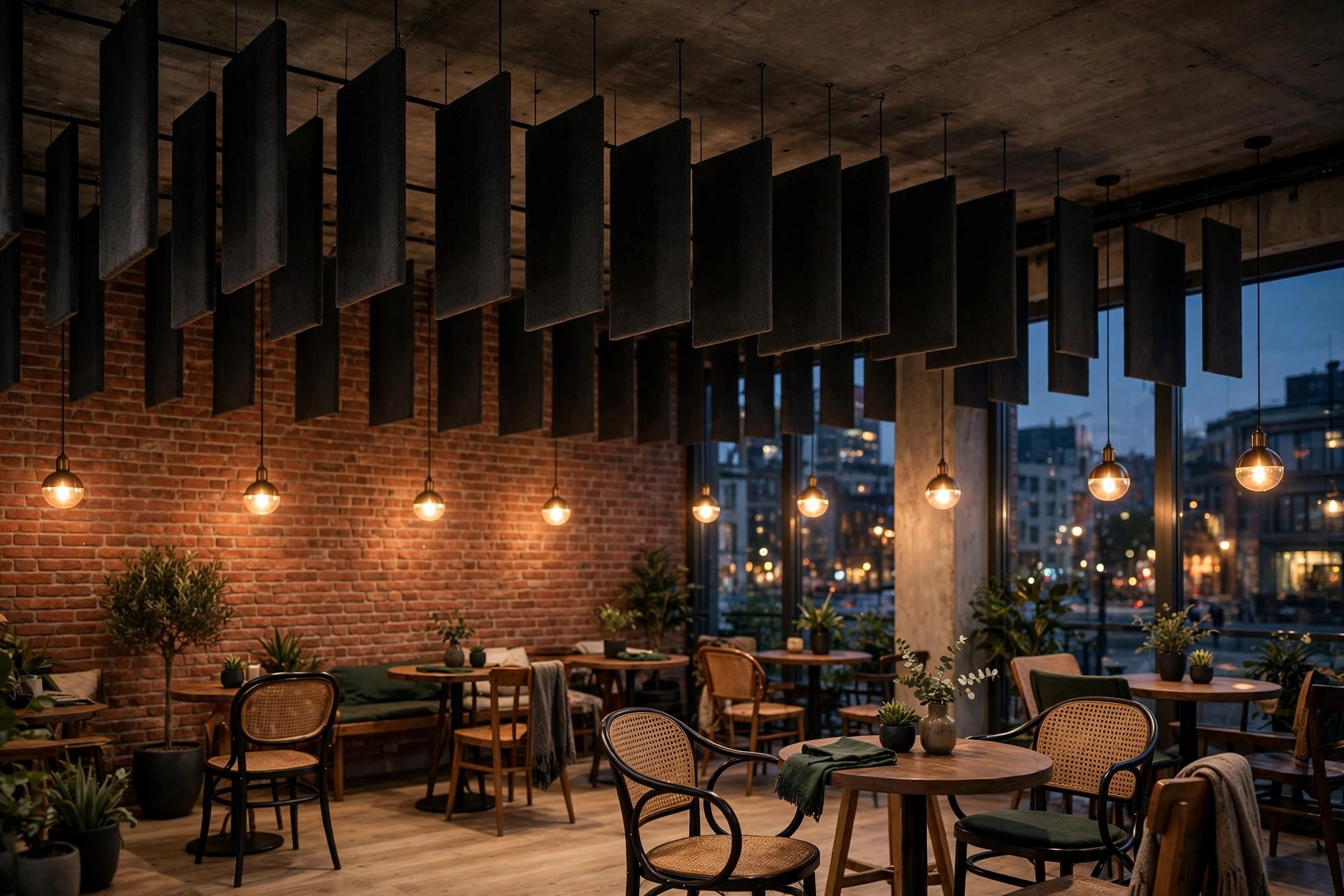 Cafe seating area with dark acoustic ceiling baffles reducing noise