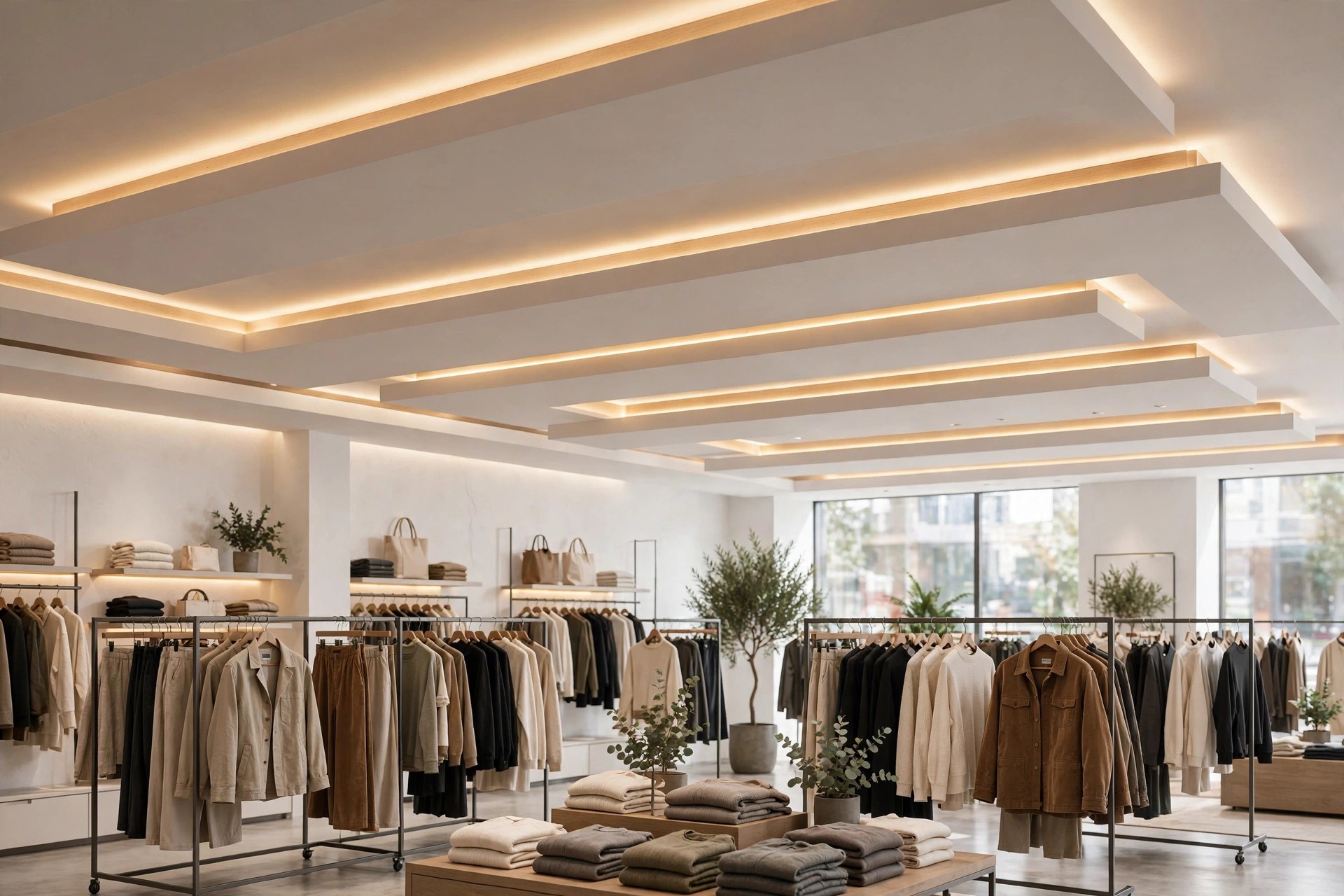 Clothing retail store with layered gypsum ceiling and LED strip lighting