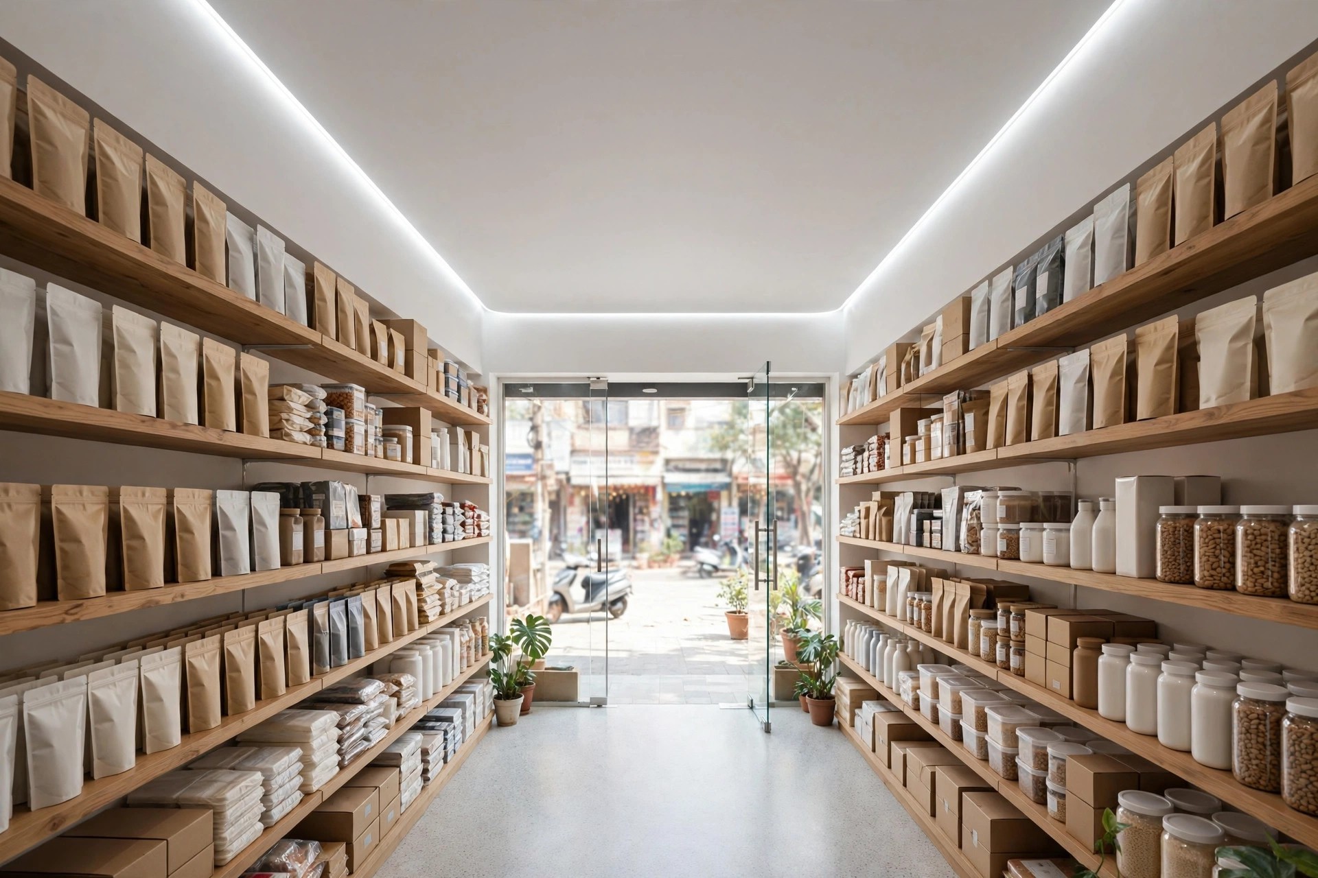 Compact high-street shop with a bright slim single-level ceiling that feels open