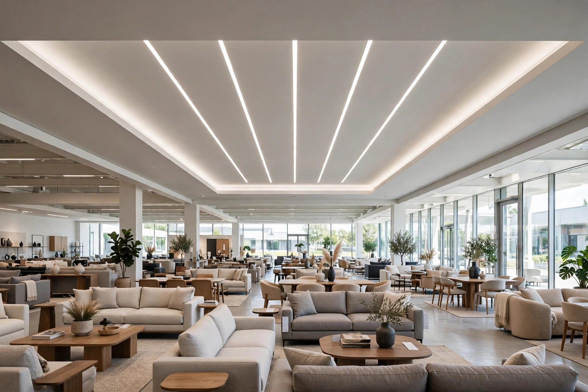 Large showroom with a tray ceiling and linear strip lighting over display rows