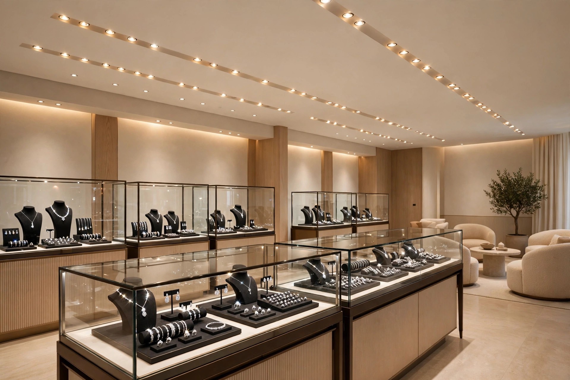 Jewellery showroom ceiling with recessed downlights aimed at glass display counters