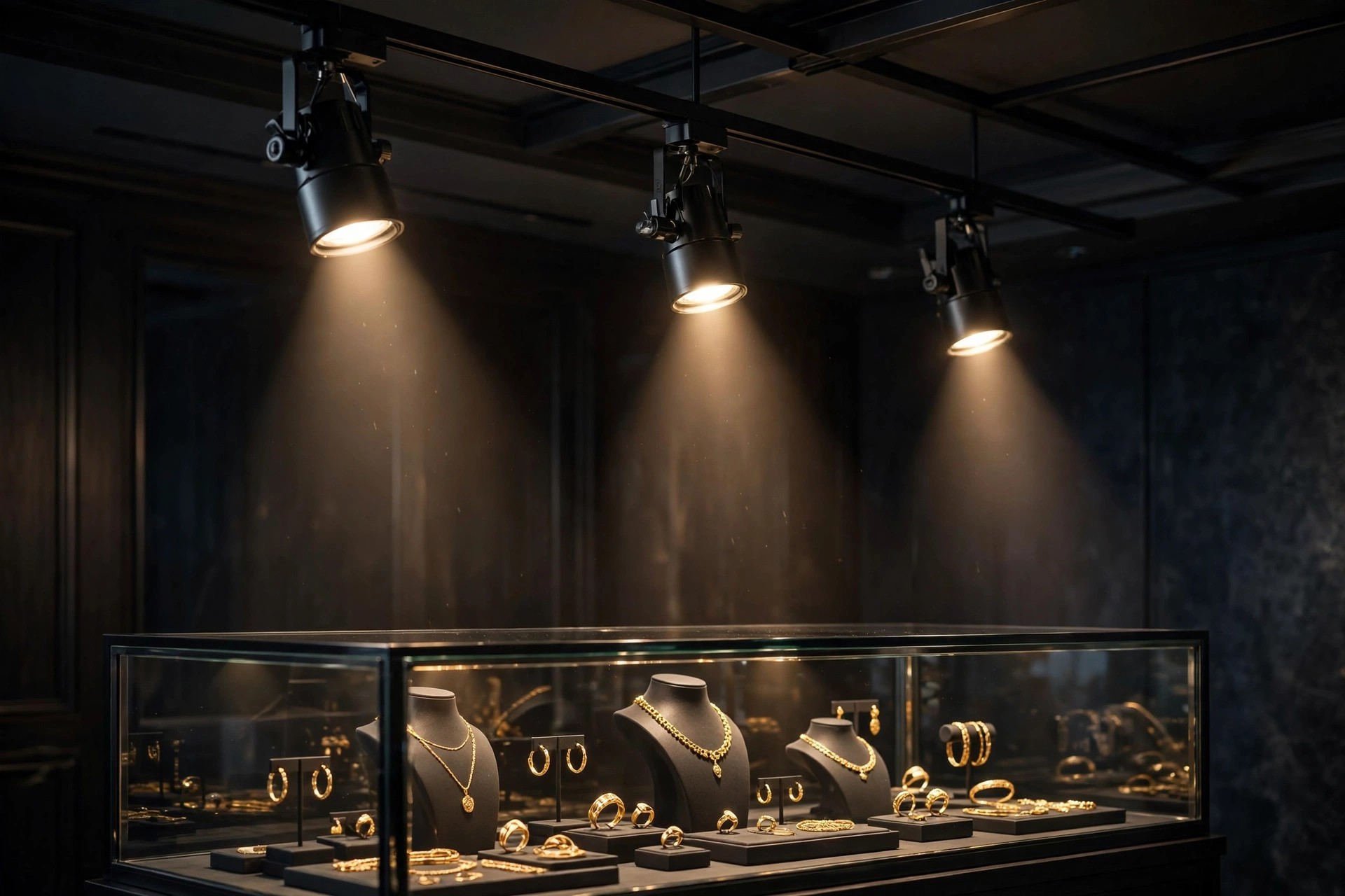 Ceiling track heads angled down at a jewellery display case