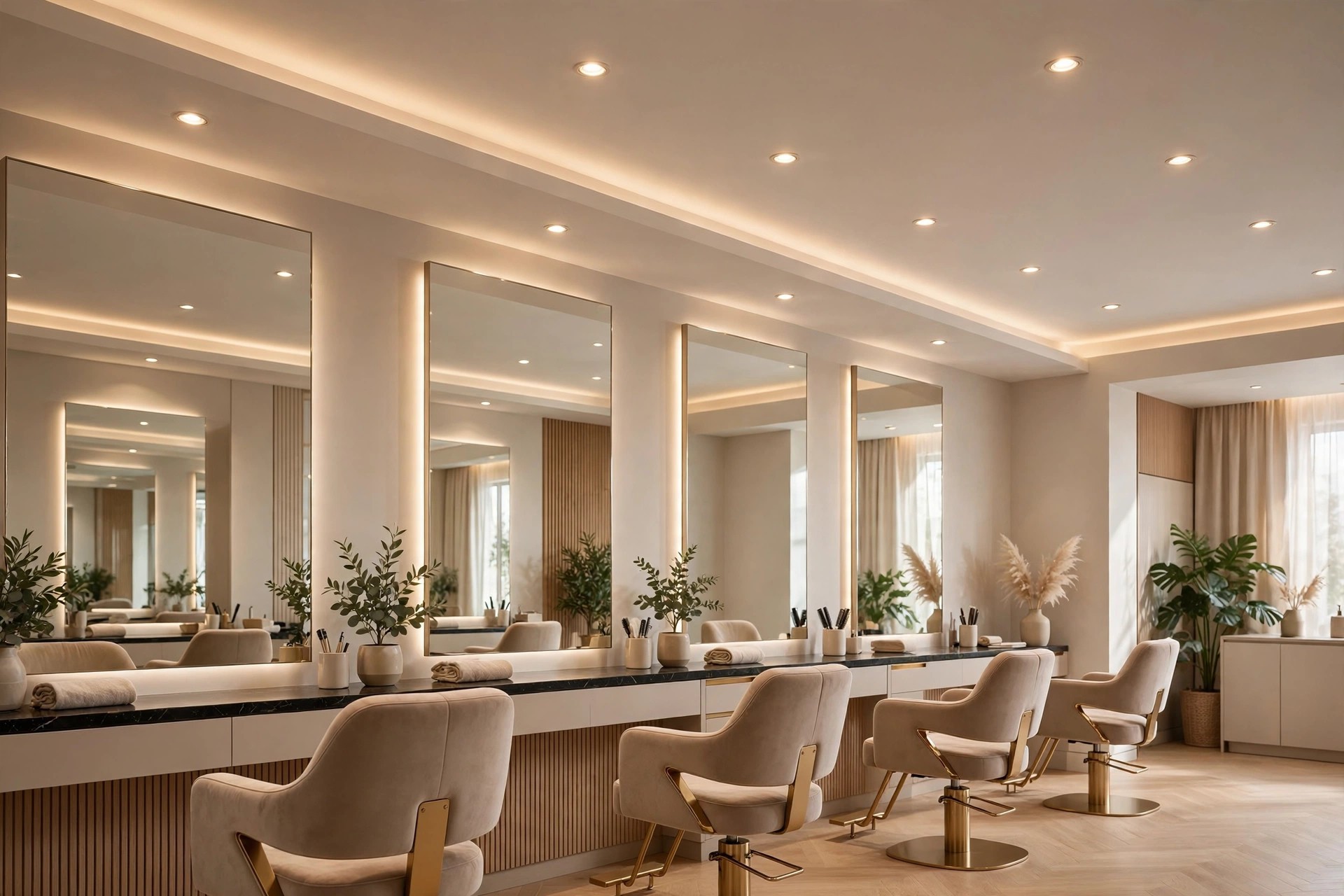 Beauty salon styling zone with soft recessed ceiling light coordinated with mirrors