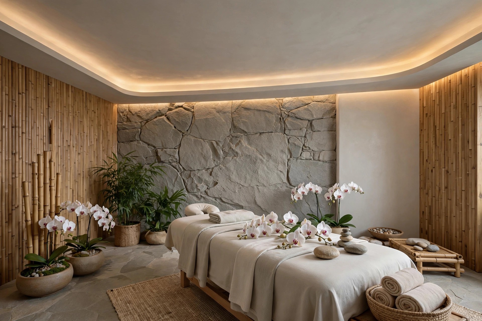 Spa treatment room with a plain moisture-tolerant ceiling and soft warm light