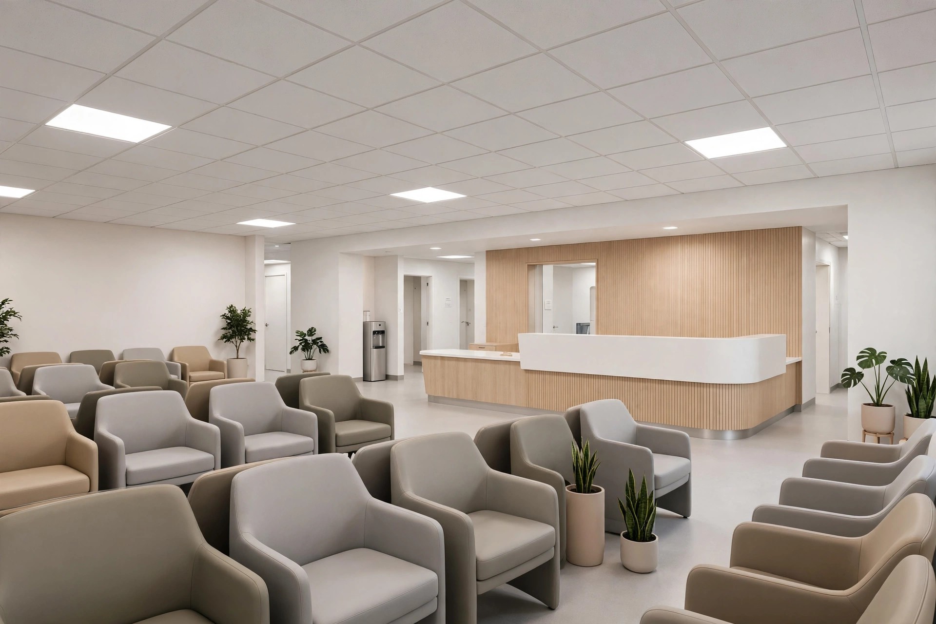 Clinic waiting room with a calm plain ceiling and even glare-free lighting