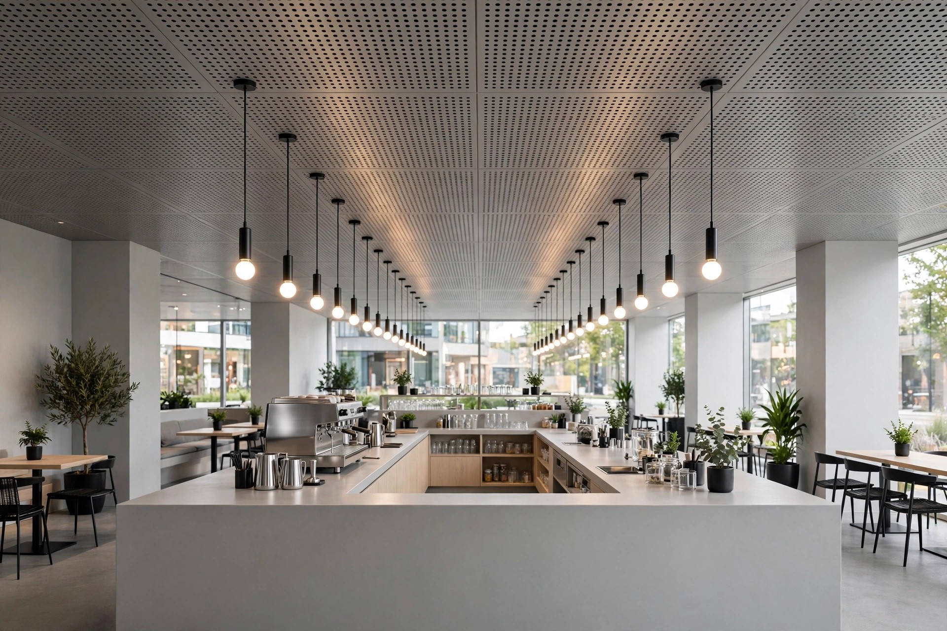 Metal ceiling panels in a cafe that wipe clean and need no repainting