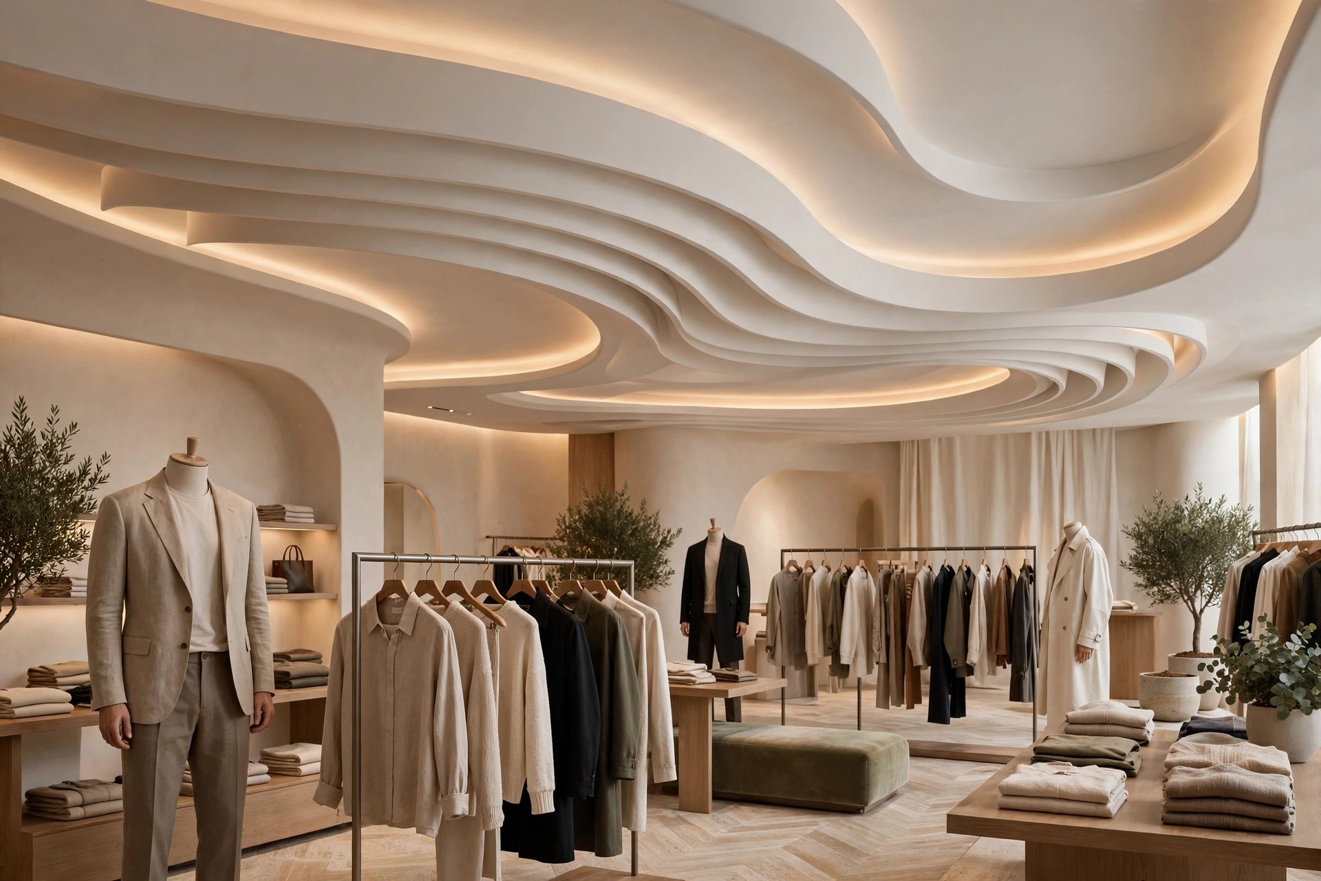 Premium clothing boutique with a designer gypsum ceiling and brand lighting