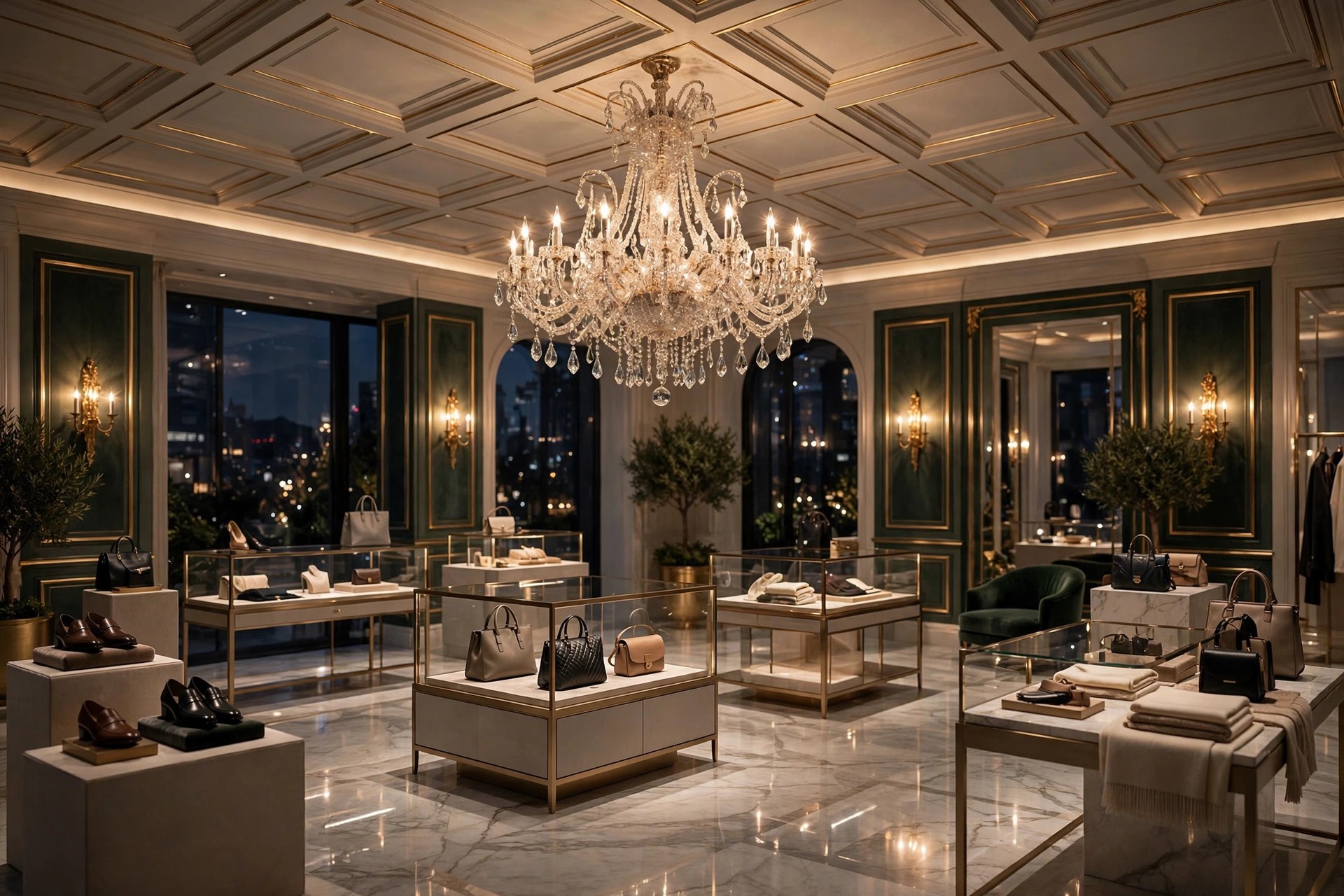 Luxury boutique with a coffered ceiling of recessed square panels