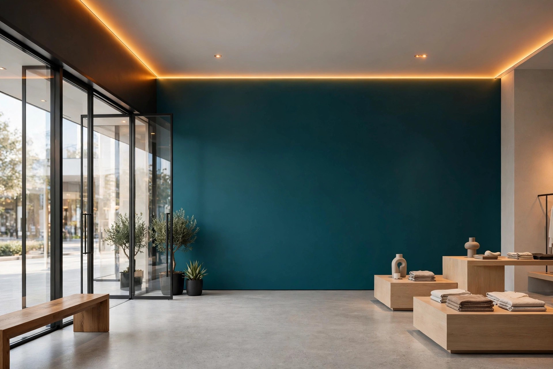 Retail store entrance with a brand-coloured cove light accent along the ceiling border