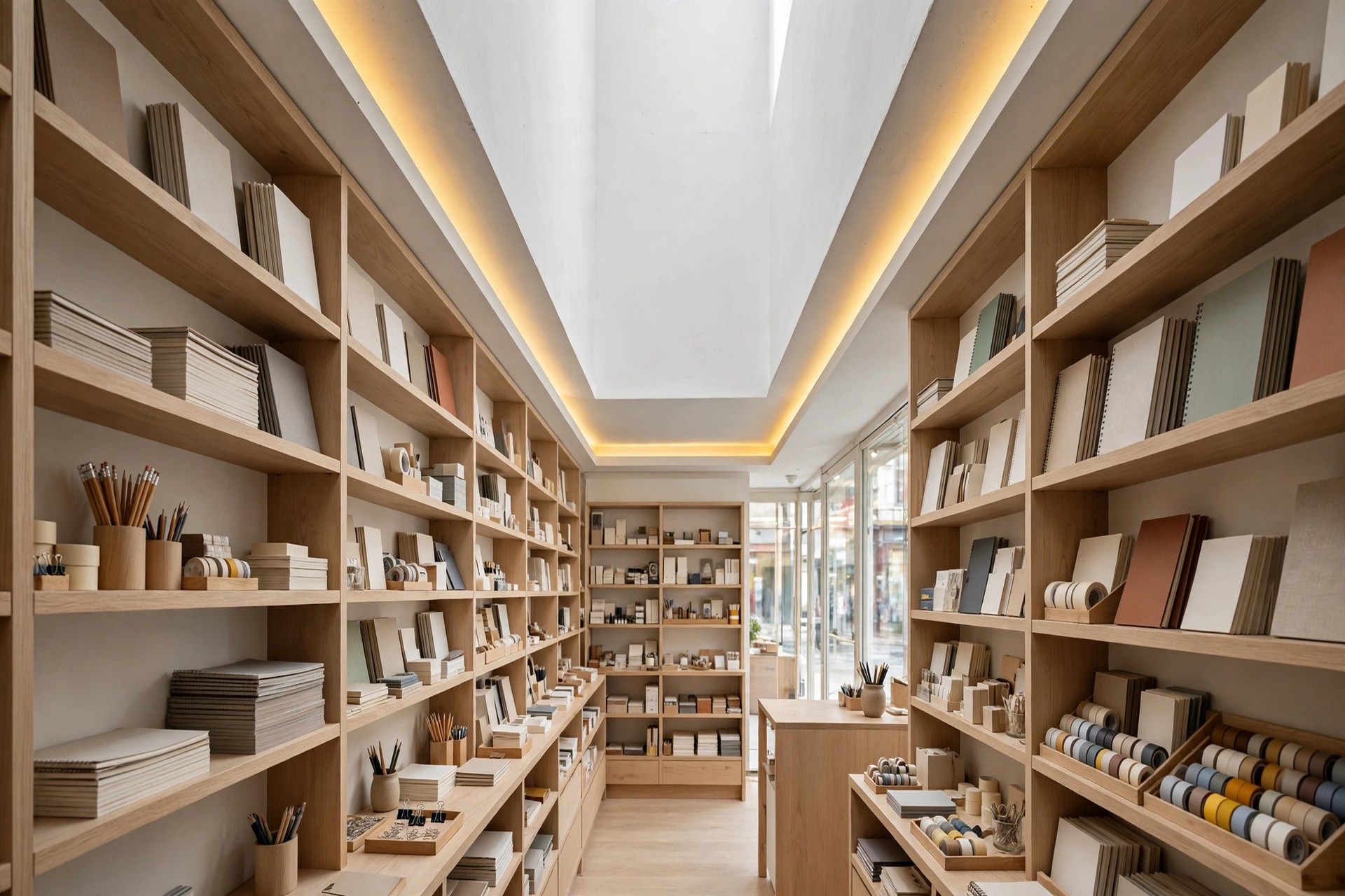 Narrow shop with a slim peripheral ceiling drop and hidden LED strip