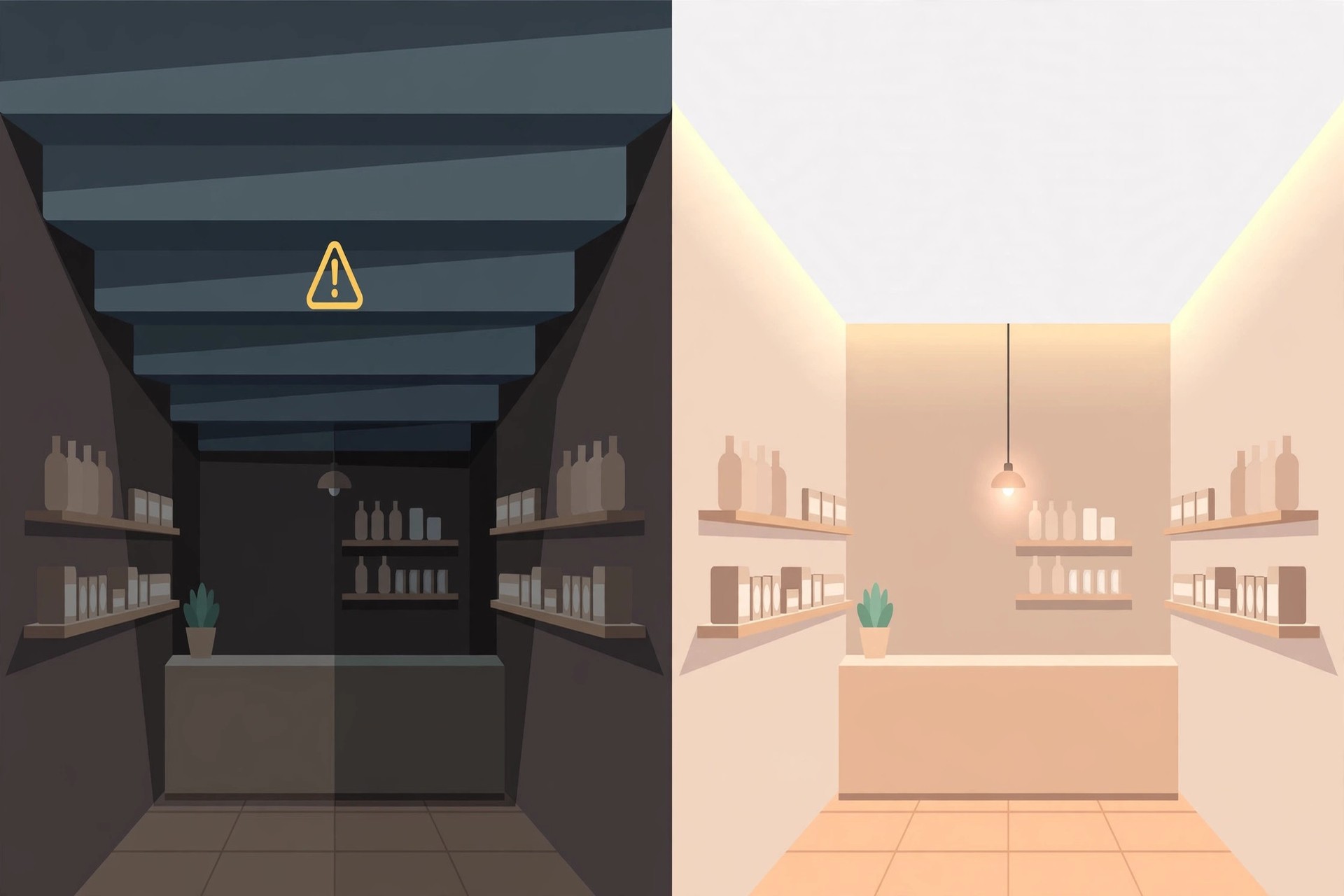 Split diagram comparing a dark low ceiling with a bright ceiling in the same small shop