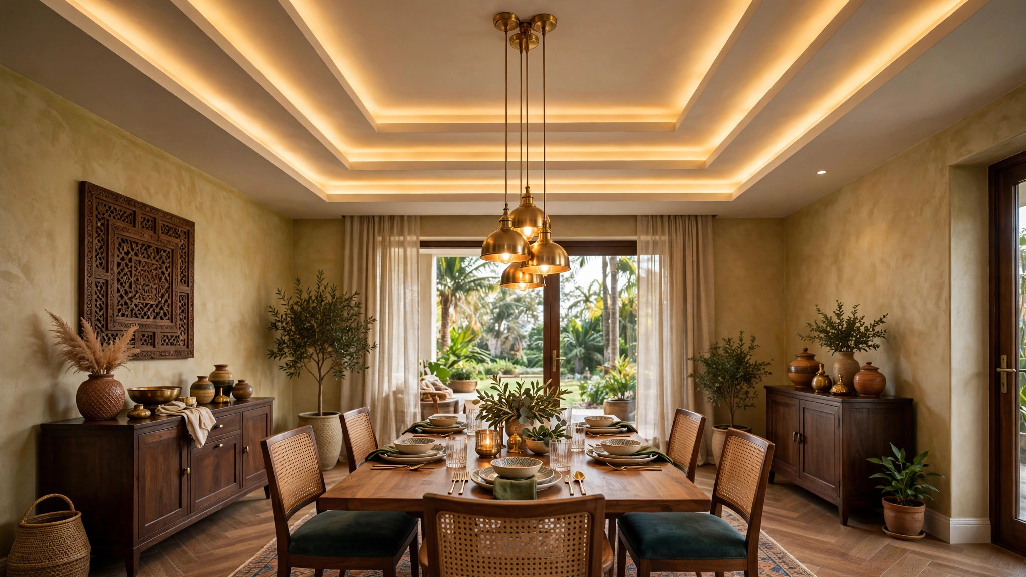 Concept render of a dining room with a tray false ceiling and a pendant light cluster over the table