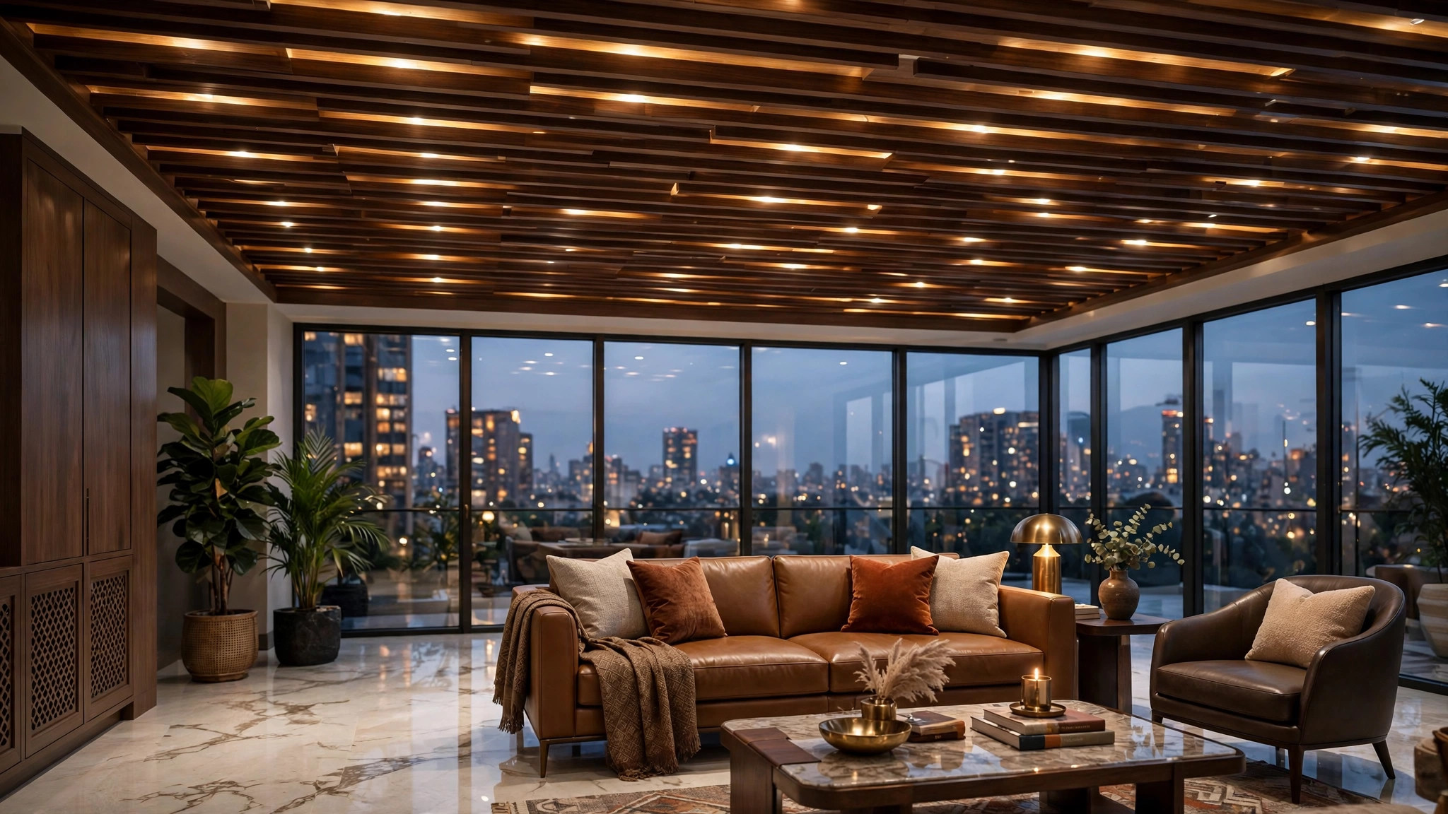 Concept render of a premium living room with a wooden batten false ceiling and warm recessed lighting